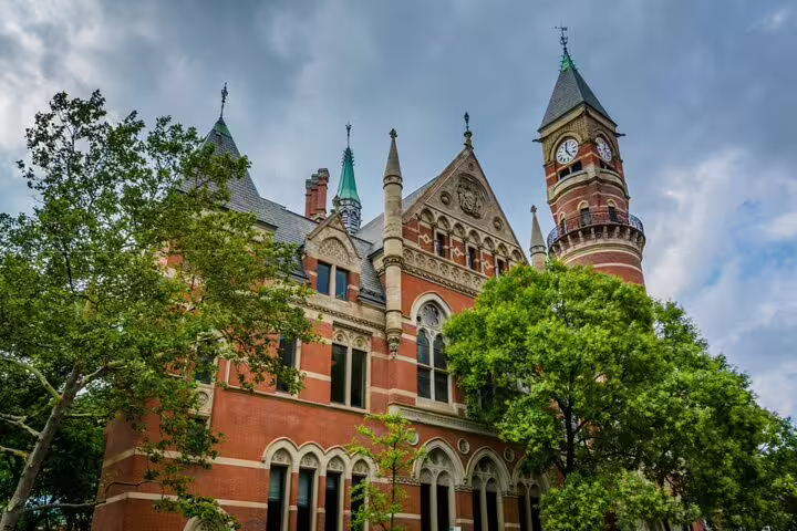 Historic red brick Jefferson Market Library building with clock tower in New York City