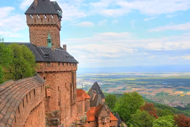 Haut-Koenigsbourg Castle red sandstone towers overlooking Alsace plains near Strasbourg