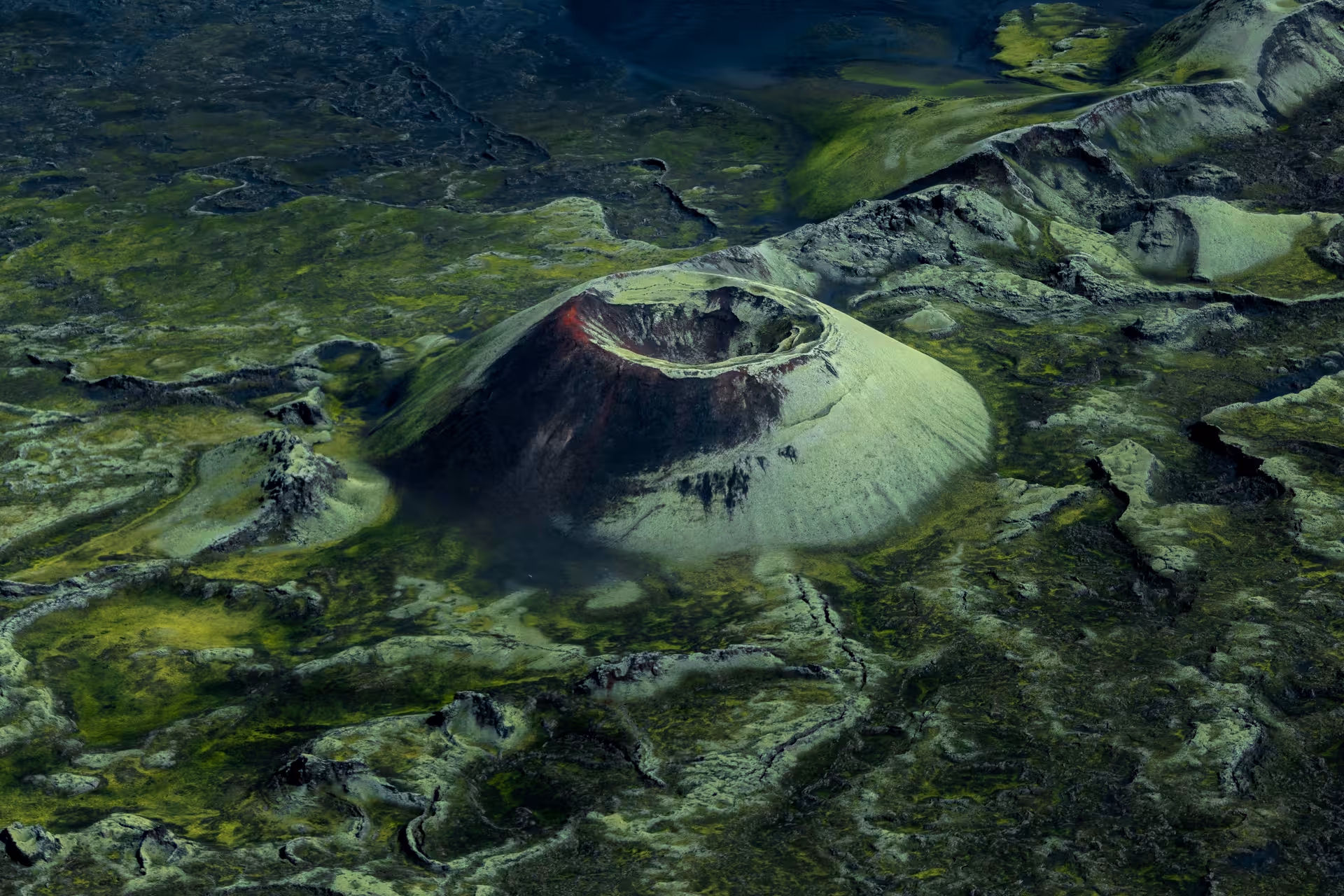 Aerial view of a volcanic crater surrounded by green moss-covered lava fields in Iceland