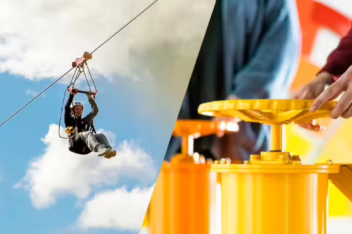 Thrill-seeker enjoys a zipline adventure against a blue sky, paired with hands-on geothermal exploration at Hellisheidi Exhibition.