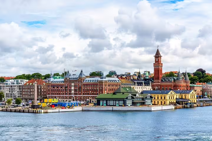 Helsingborg waterfront skyline with red brick buildings and historic town hall clock tower