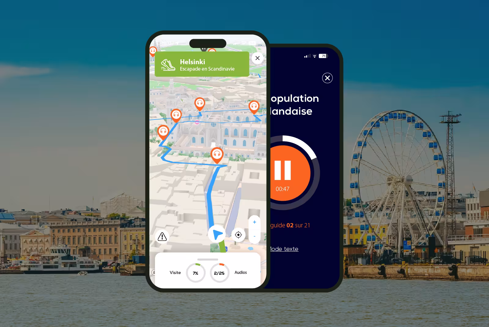 Helsinki audioguide mobile application interface on smartphone with the port and the Ferris wheel in the background.