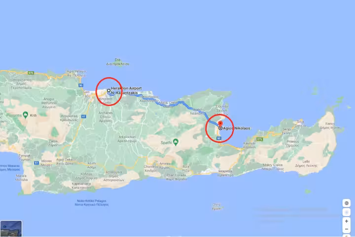 Map showing route from Heraklion Airport Nikos Kazantzakis to Agios Nikolaos, Crete private transfer tour