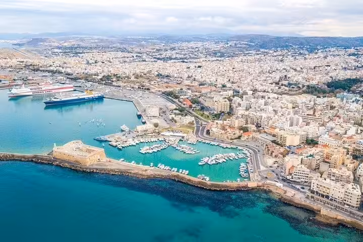 Aerial view of Heraklion port and Venetian harbor, starting point for a private Phaestos Palace day trip in Crete