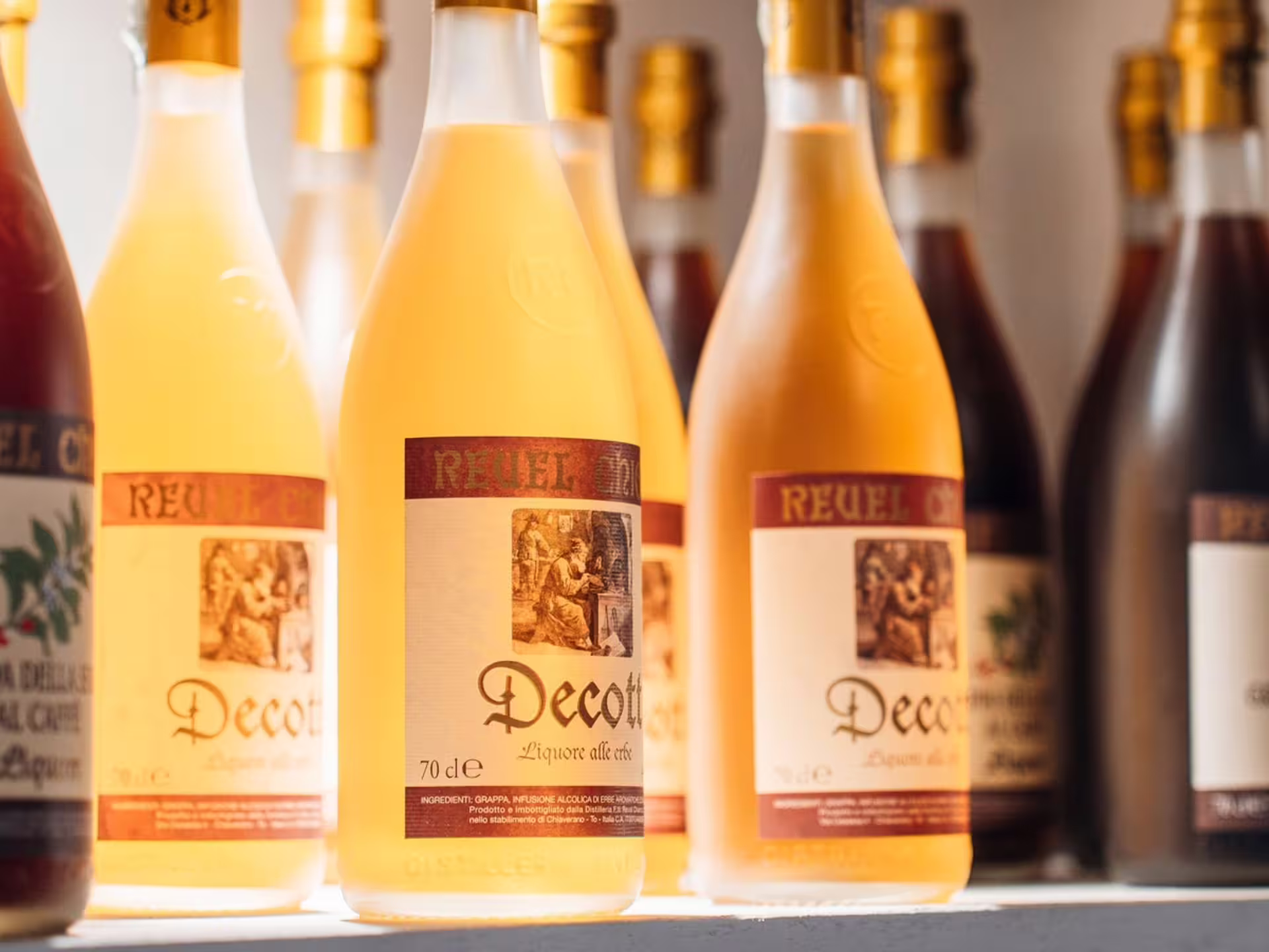 Elegant bottles of herbal liqueur illuminated on a shelf during a distillery tour near Turin.