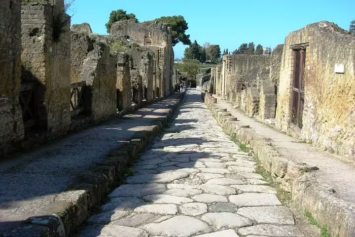 Stone-paved Roman street lined with ruins in Herculaneum on Ercolano shore excursion with Mt Vesuvius winery tour