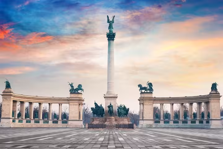 Heroes’ Square Millennium Monument at sunset in Budapest, must-see landmark on Budapest to Dubrovnik trip