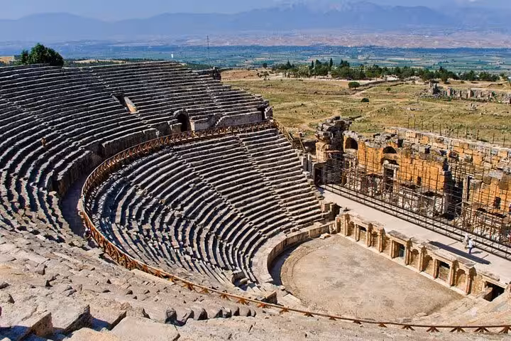 Panoramic view of Hierapolis amphitheater, a highlight of private Pamukkale tour from Kusadasi or Selcuk