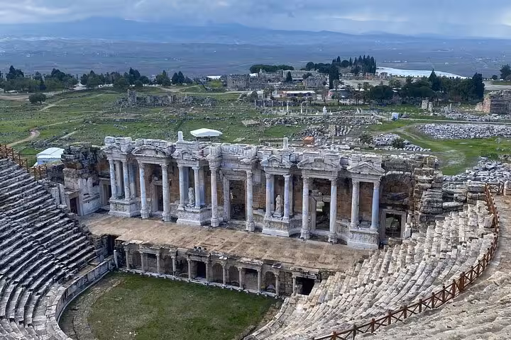 Hierapolis ancient theater ruins in Pamukkale, scenic stop on private tour from Denizli Airport