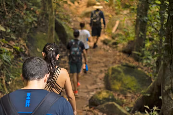 Group of hikers trekking through lush forest trails on an adventure to Sono Beach with Paraty Tours.