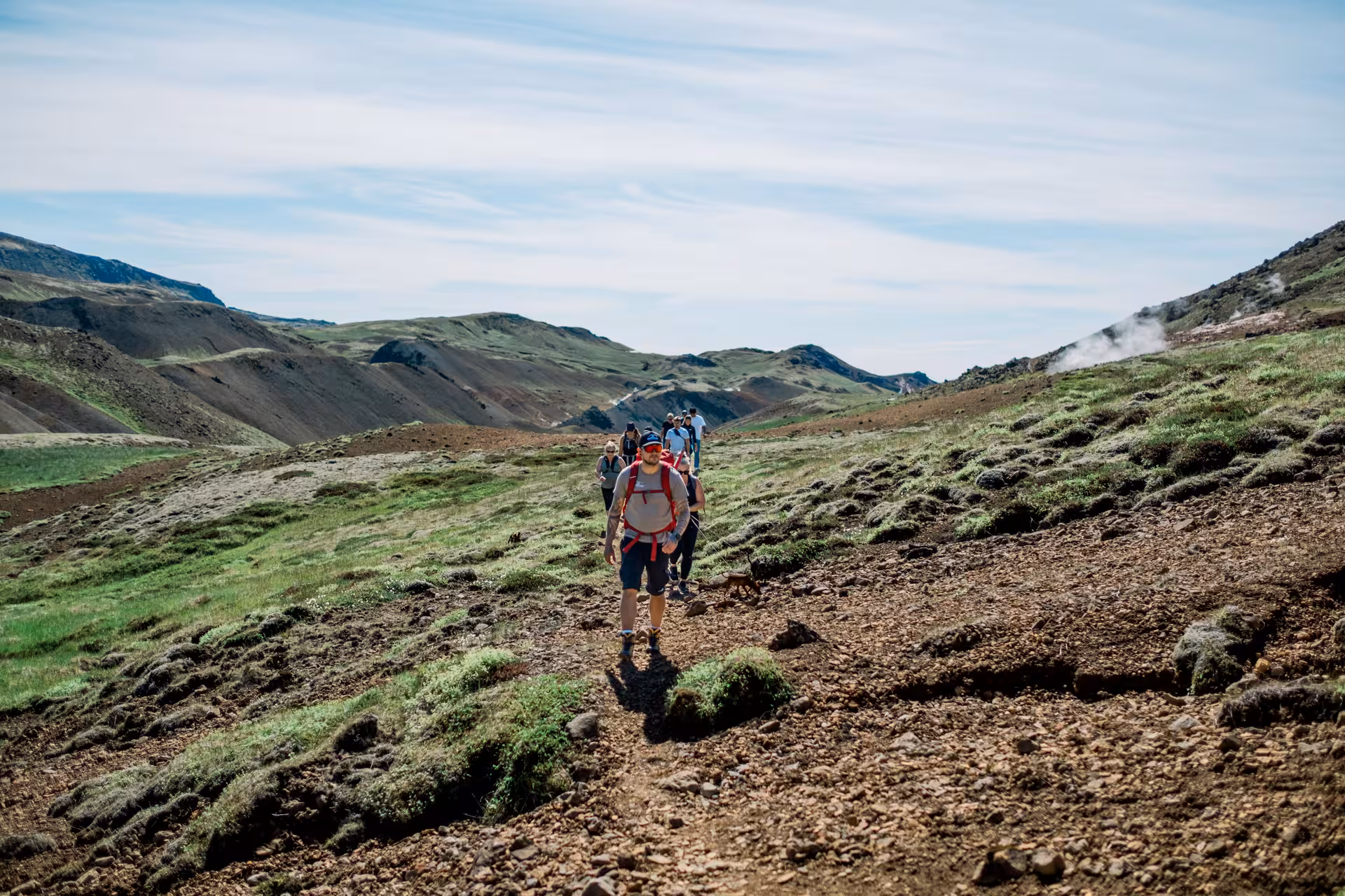 Group of hikers on a rocky trail through Iceland's geothermal valley near Hengill Volcano with steam vents visible