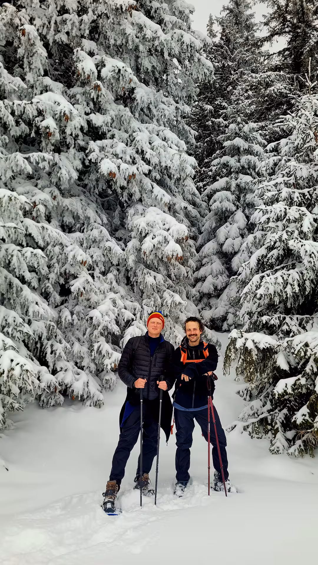Two hikers with trekking poles posing among snow-covered evergreen trees in Apuseni mountains