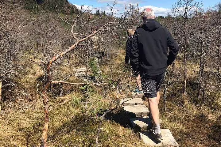 Two hikers walking on stone path through sparse trees toward volcanic lake in Eastern Europe
