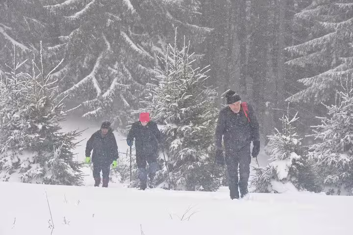 Three hikers trekking through snowy Taga Mountains forest near Brasov during heavy snowfall