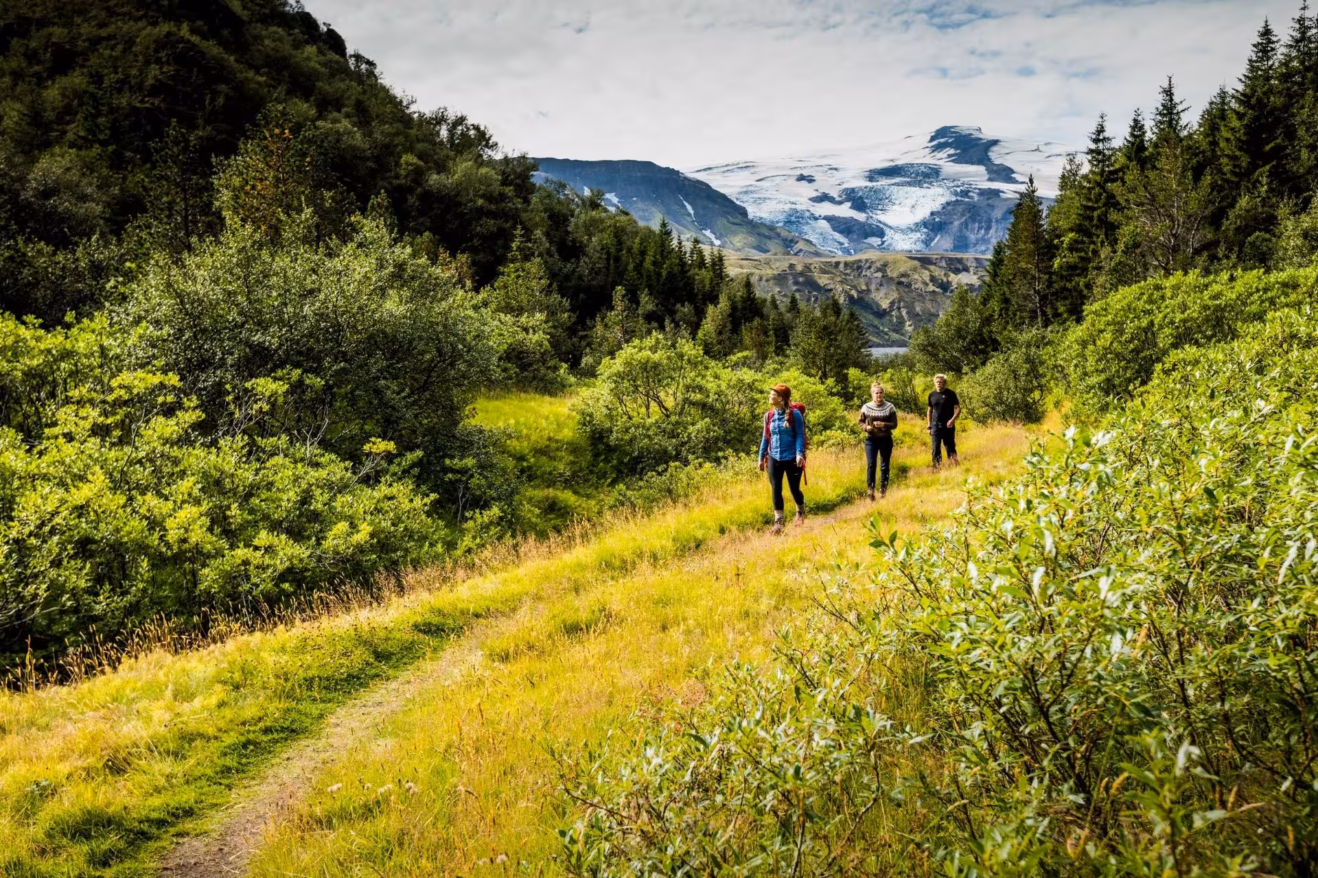 Three hikers walking a green trail in Thorsmork with glacier and mountains in background, Iceland