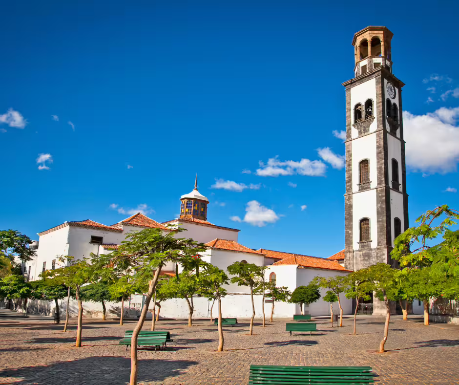 Historic church with a towering bell tower under a clear blue sky, ideal for cultural exploration on a private island tour.