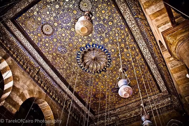 Ornate mosque ceiling with Islamic geometric patterns in Historic Islamic Cairo walking tour stop