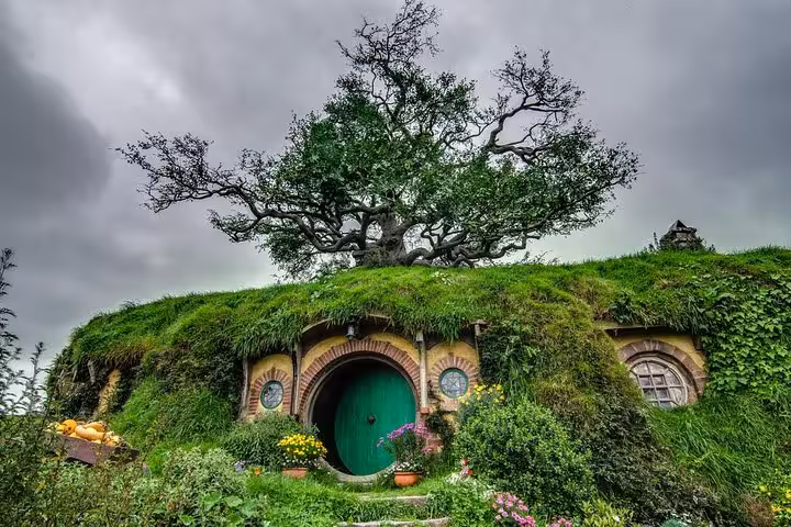 Experience the enchanting Hobbiton Movie Set with a picturesque Hobbit hole set under a grand tree.
