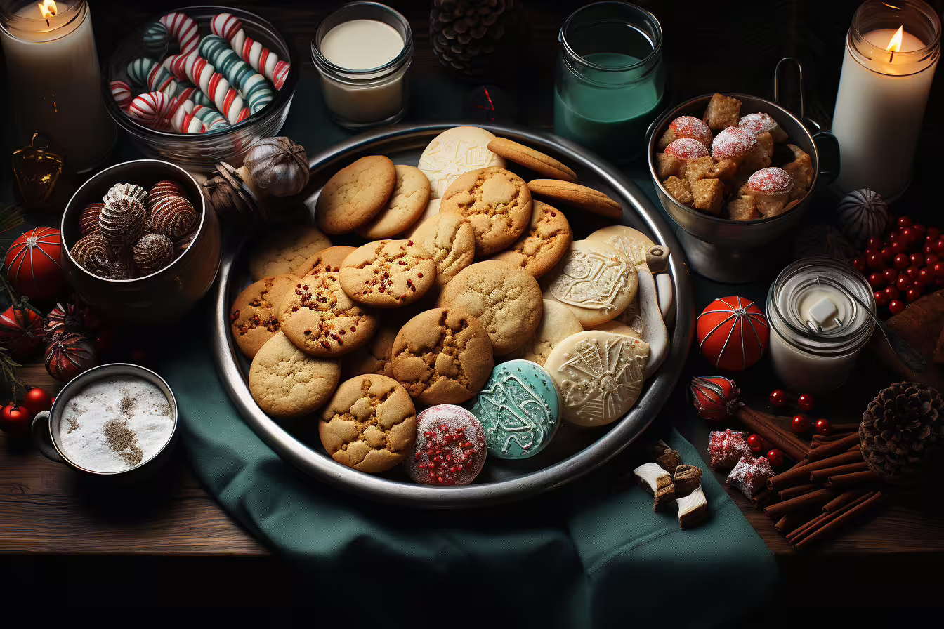 Assorted holiday cookies and festive treats arranged on a table with candles, perfect for the Sweet Escape: Bake & Take Workshop.
