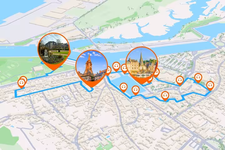 Interactive map of Honfleur self-guided audio walking tour route with orange pins marking landmarks and church photos
