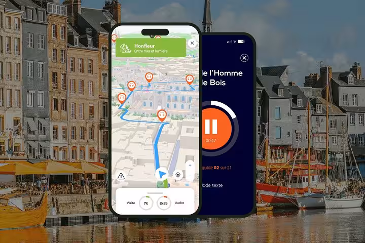 Honfleur self-guided audio walking tour app showing map navigation and audio guide on smartphone screens