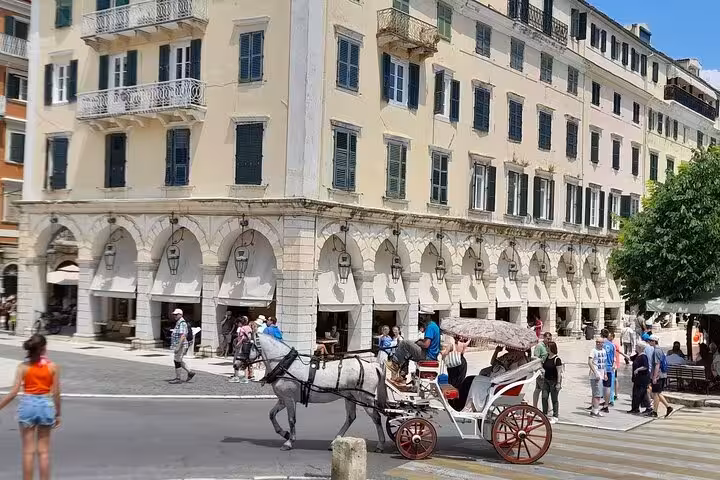 Horse-drawn carriage in Corfu Old Town Liston arcade, a highlight stop on the Top 5 Corfu tour