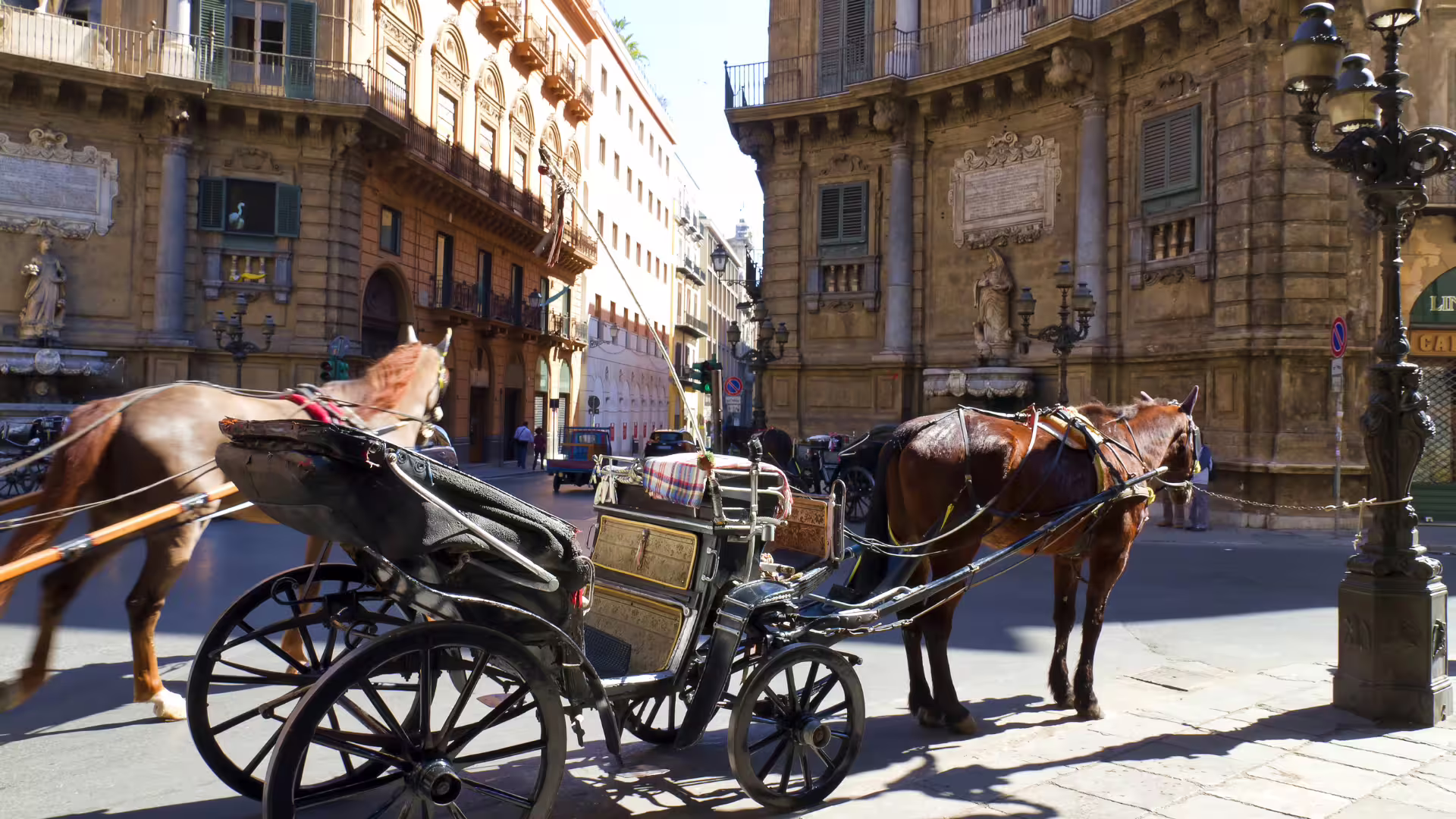 Horse-drawn carriage waiting in front of Quattro Canti, offering classic sightseeing on a private Palermo and Monreale tour
