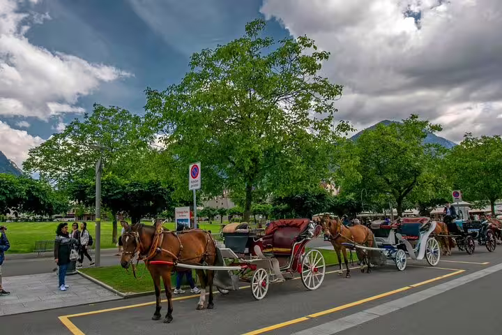 Horse-drawn carriages lined up in a scenic Interlaken street, perfect for exploring Swiss charm on the Blausee tour.