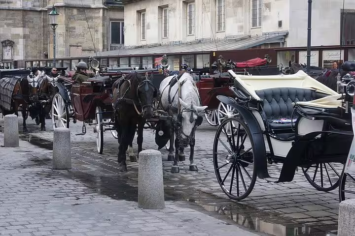 Horse-drawn carriages lined up on cobblestone streets in historic Vienna city center