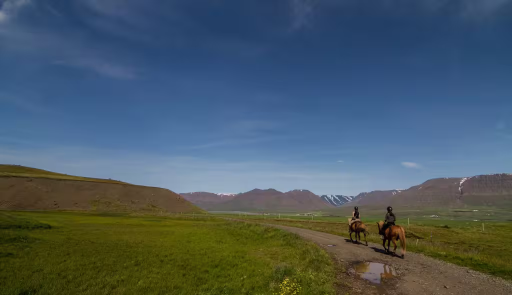 Two riders on brown horses along a gravel trail in Skagafjordur valley with snow-capped mountains