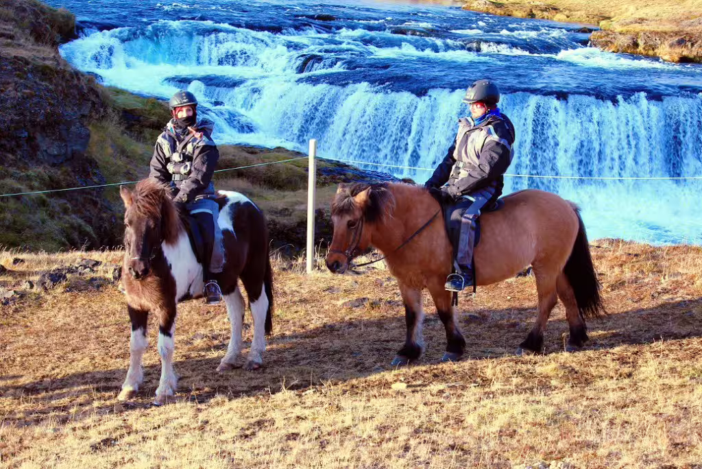 Two riders on Icelandic horses posing in front of Reykjafoss waterfall in North Iceland