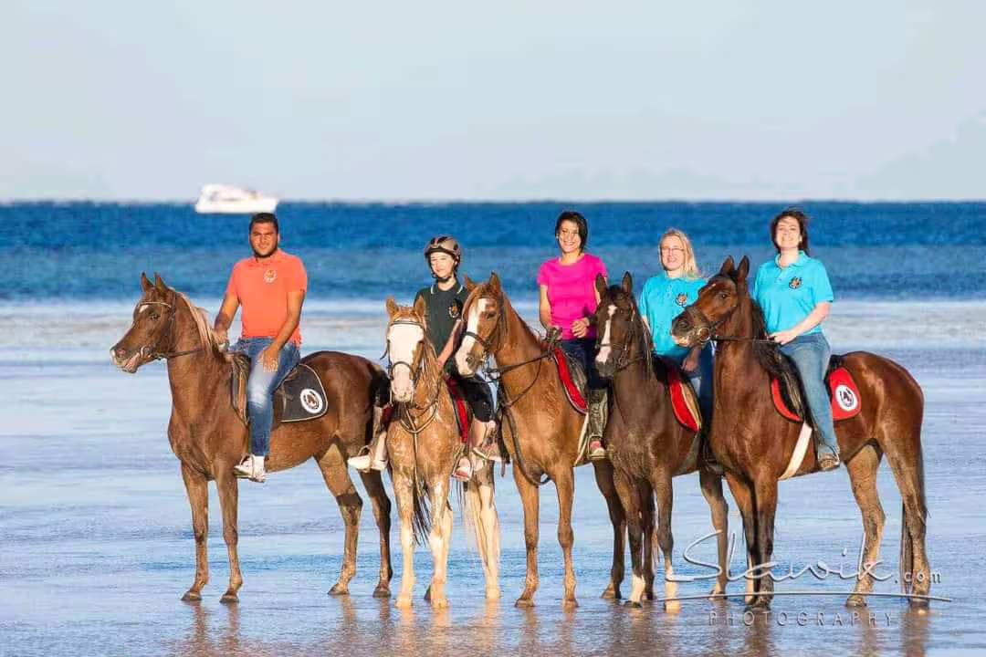 Group horseback riding on Marsa Alam beach, Red Sea backdrop, guided coastal horse safari tour in Egypt