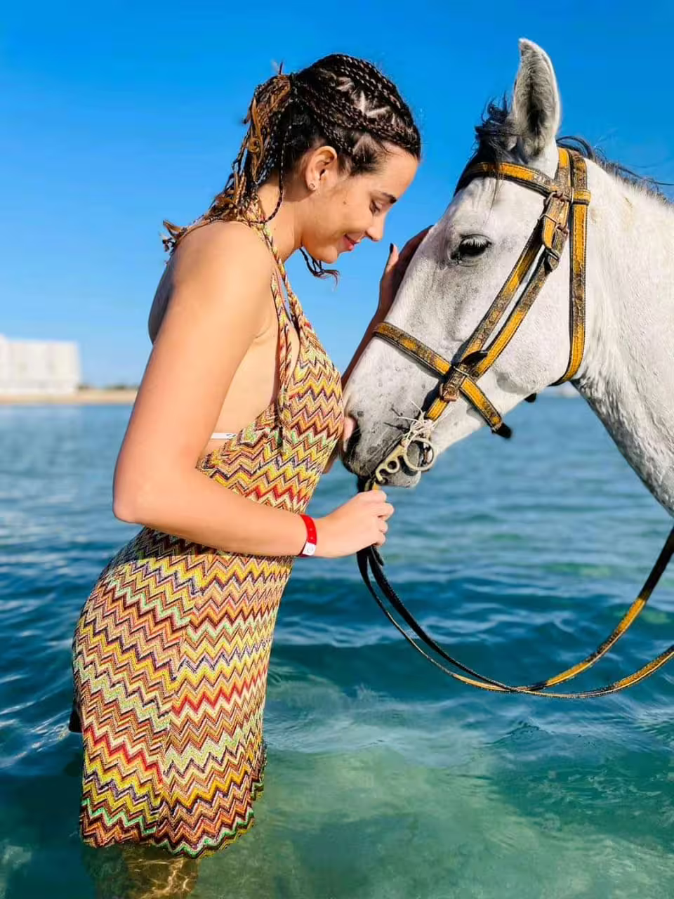 Guest bonding with a white horse in shallow Red Sea water on a Marsa Alam beach horseback riding tour
