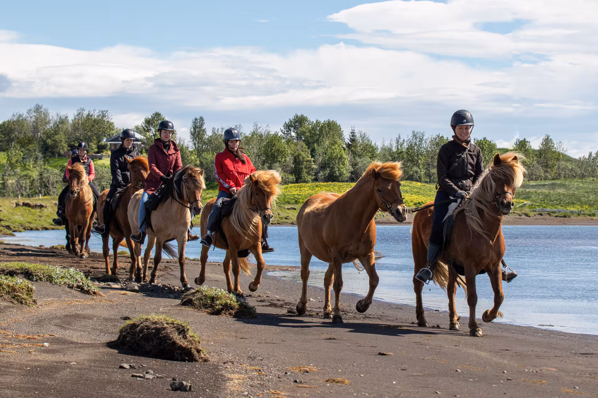 Group horseback riding along soft river banks on Icelandic horses, scenic riverside trail tour in summer
