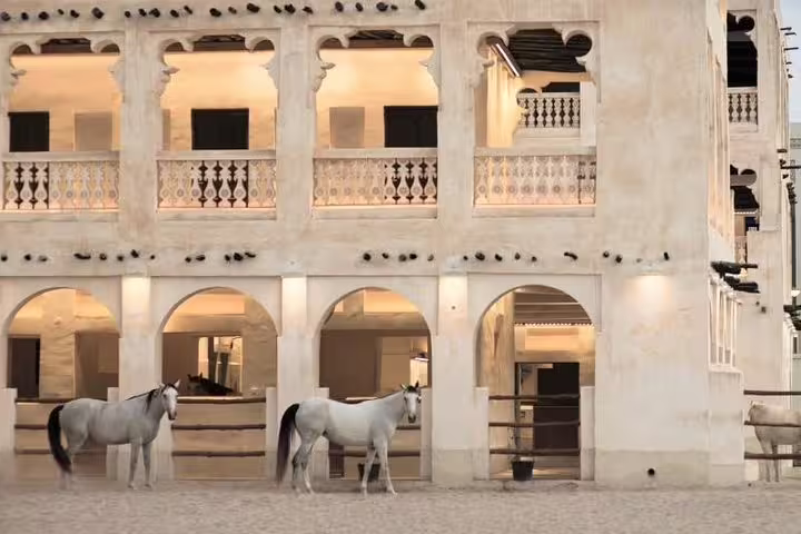 Elegant horses standing in front of a traditional Qatari building at Souq Waqif, showcasing cultural heritage.