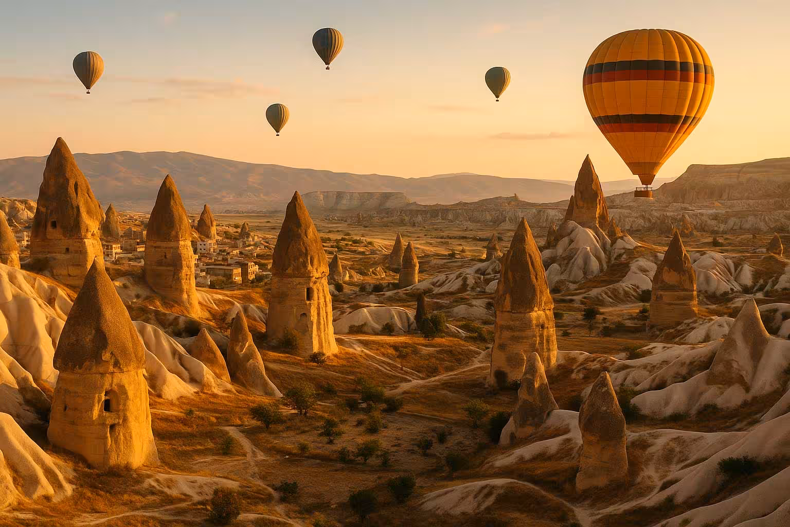Hot air balloons over Cappadocia at sunrise