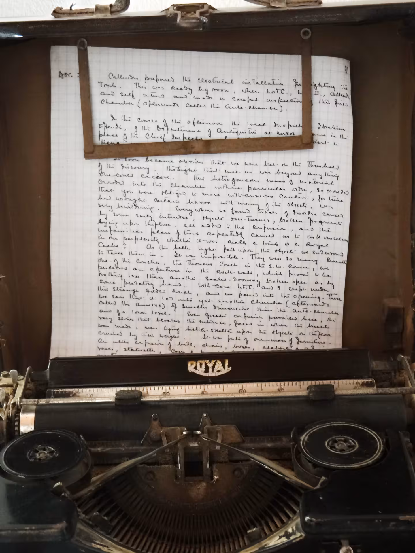 Howard Carter's handwritten diary notes on a vintage Royal typewriter describing King Tut's tomb discovery