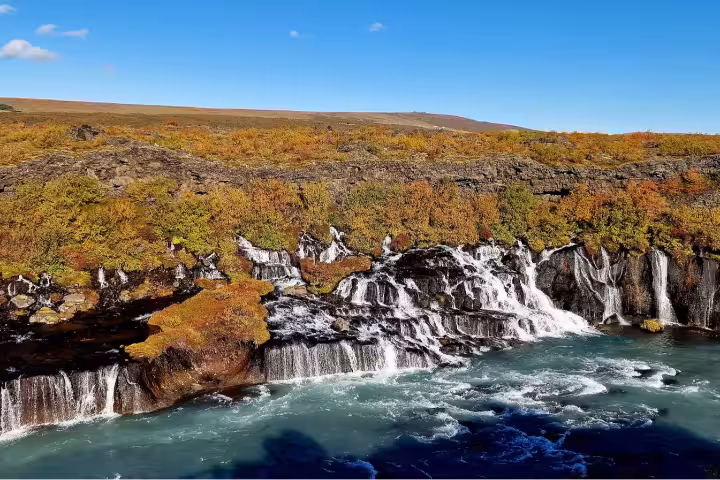 Hraunfossar waterfalls cascading over lava rocks into turquoise river surrounded by autumn foliage in Borgarfjordur Iceland