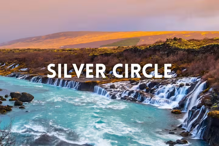 Hraunfossar waterfalls and turquoise river on a Private Silver Circle Saga Geopark tour from Reykjavik