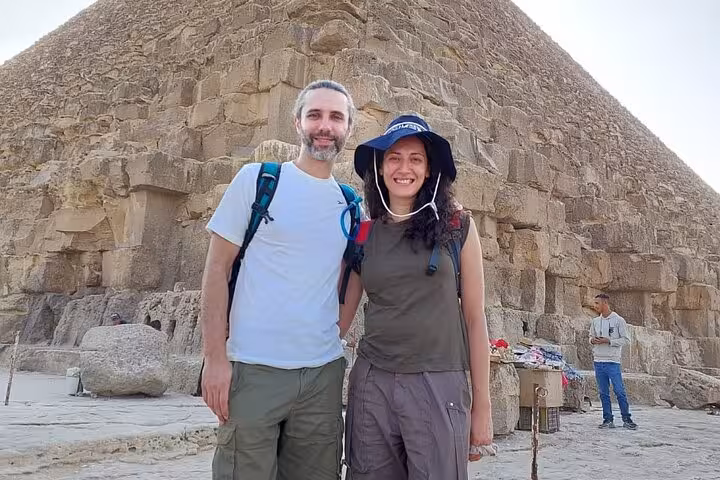 Couple photo at the Great Pyramid of Giza during Hurghada to Cairo tour, Giza Pyramids and GEM visit
