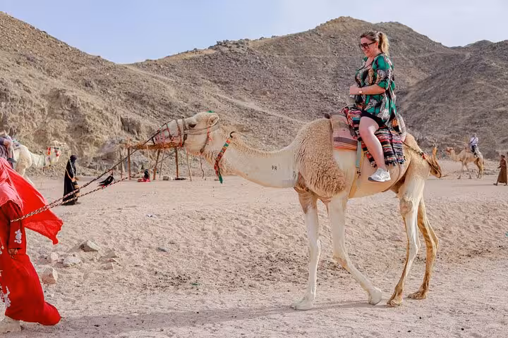 Tourist camel ride in Hurghada desert camp experience, part of Super Quad and Spider car safari with dinner show