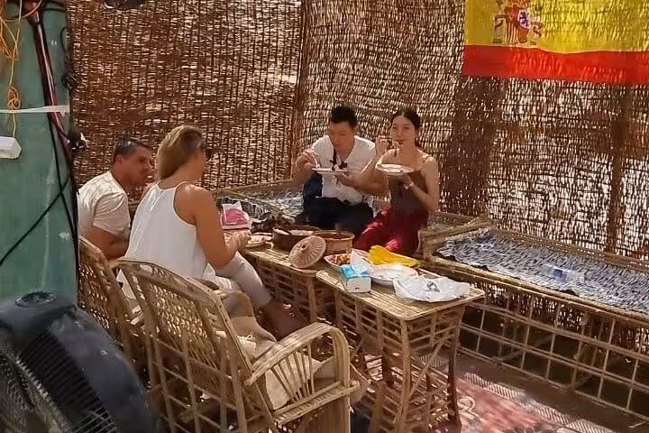 Hurghada desert horse riding tour rest stop with Bedouin-style tea and snacks in a shaded camp