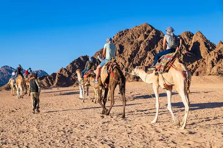 Camel caravan crossing Hurghada desert mountains, add-on to quad bike ATV adventure with BBQ and hotel transfer