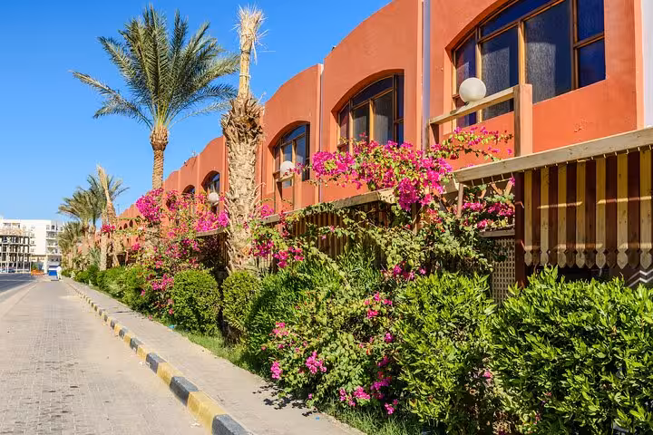 Hurghada city guided tour view of colorful resort-style buildings with palm trees near local market stop