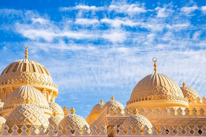 Hurghada city guided tour featuring ornate mosque domes, a key cultural stop before the local market visit