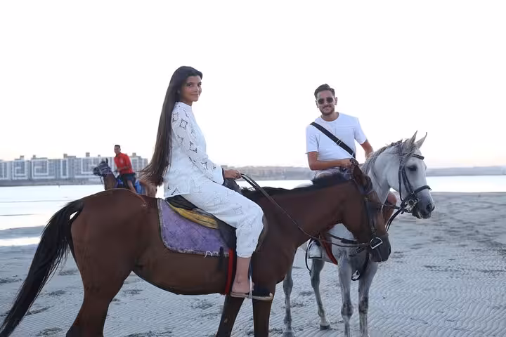 Riders on brown and gray horses on Hurghada shoreline, Red Sea desert-to-beach horse riding excursion