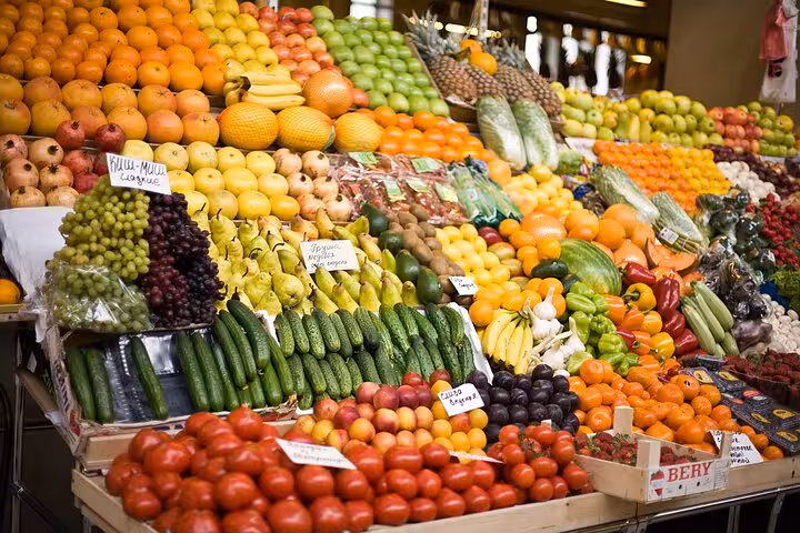 Colorful fruit and vegetable stall at Hurghada local market stop on a guided city tour in Egypt