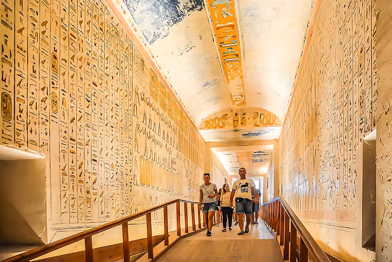 Inside a Valley of the Kings tomb corridor with hieroglyphs, on Hurghada to Luxor Tutankhamun trip