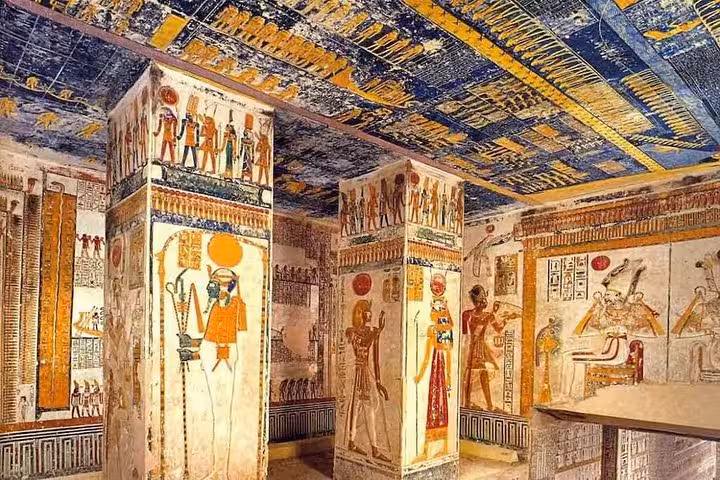 Colorful tomb wall paintings in the Valley of the Kings, featured on private Hurghada to Luxor day tour excursion