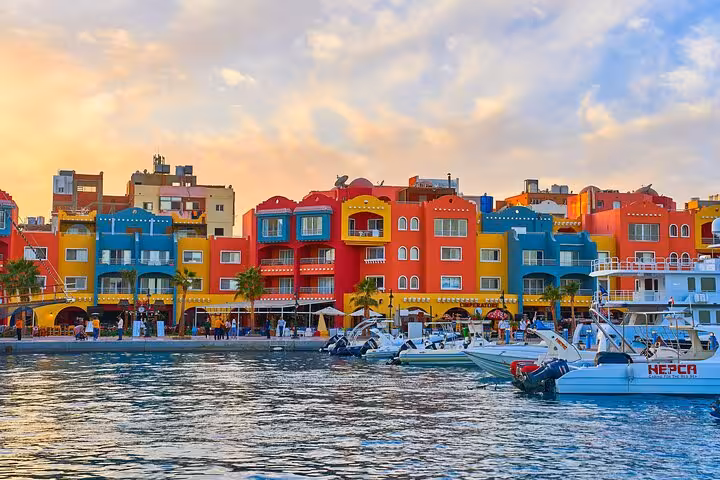 Hurghada city guided tour at Hurghada Marina, colorful waterfront buildings and boats on the Red Sea